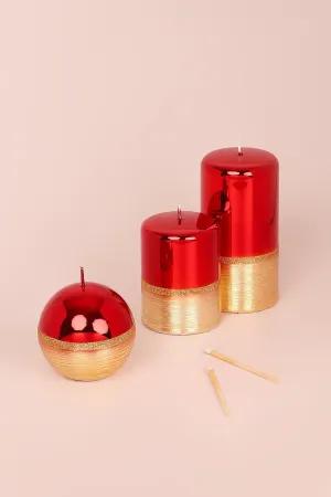 Red and Gold Two Tone Glitter Glass Effect Reflecting Plain Gloss Pillar Candles