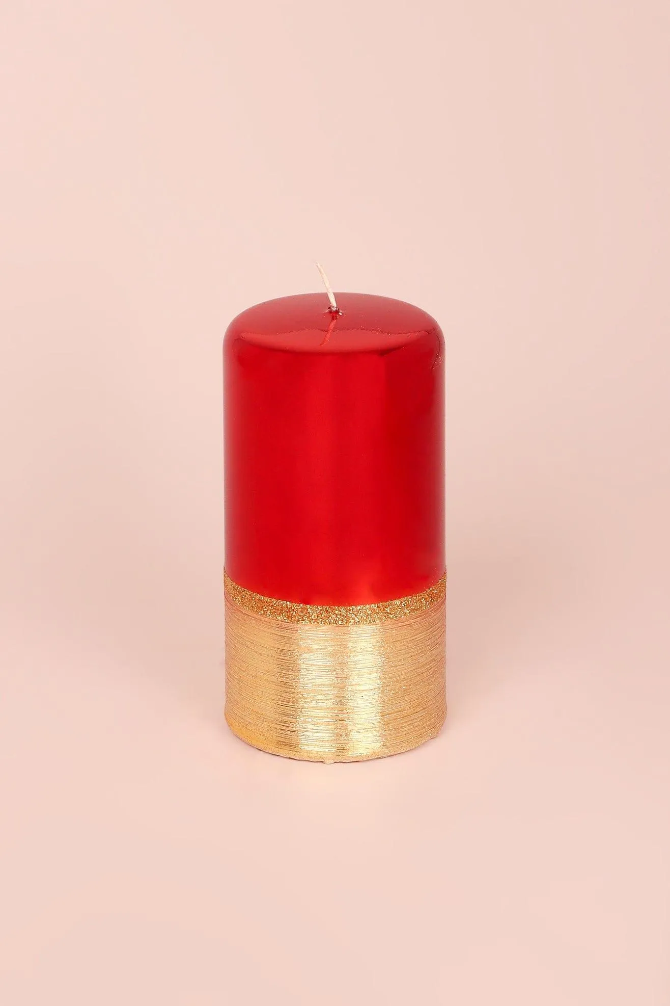 Red and Gold Two Tone Glitter Glass Effect Reflecting Plain Gloss Pillar Candles