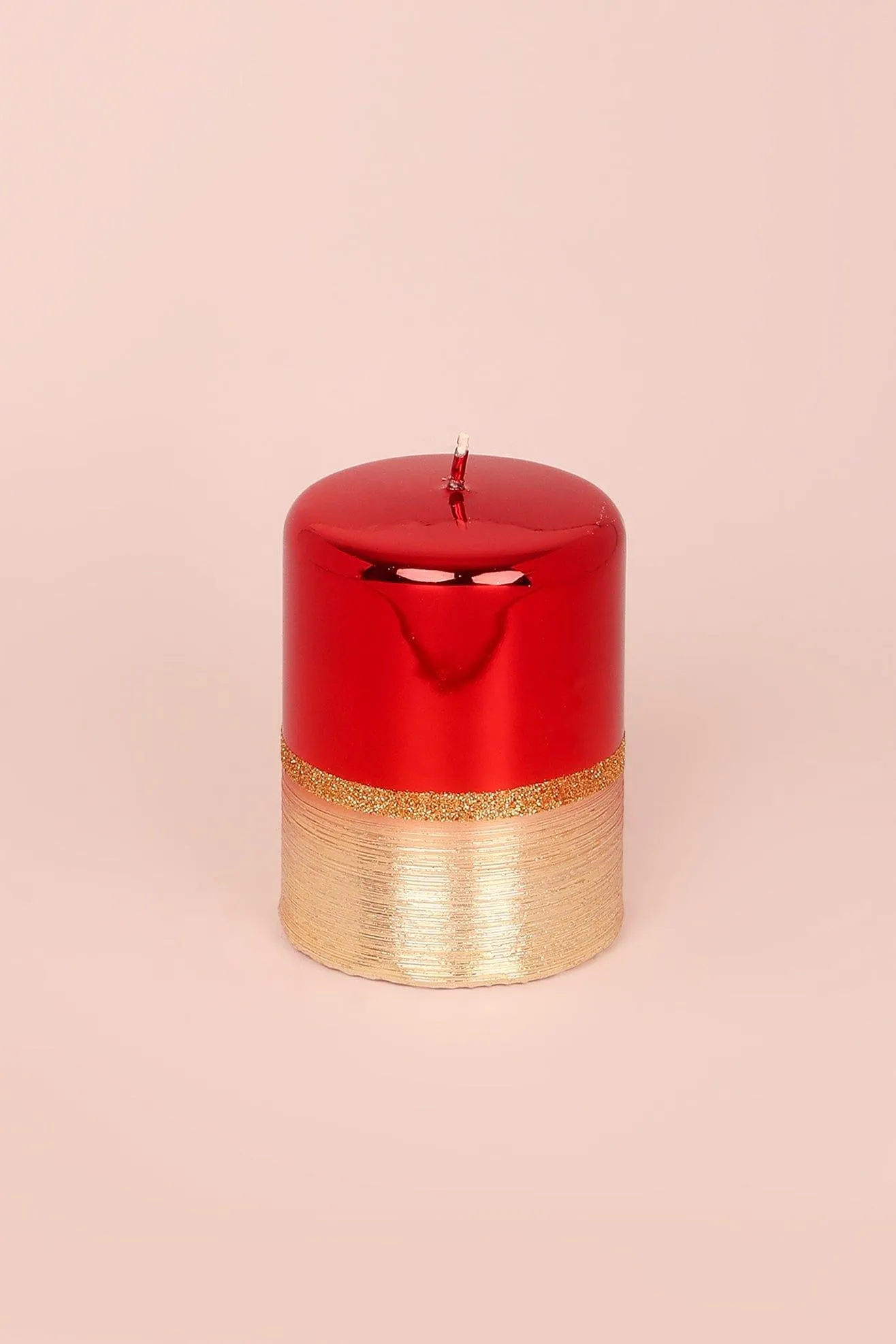 Red and Gold Two Tone Glitter Glass Effect Reflecting Plain Gloss Pillar Candles