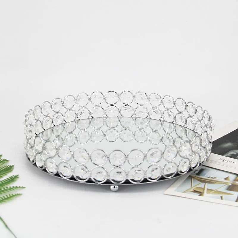 Round Crystal Mirror Storage Tray For Jewelry, Cosmetics, Birthday Party, Or Dessert Plate At Home