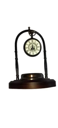 Royal Collection Antique Table Clock with Maritime Magnetic Compass |Unique| Antique Style Brass Hanging Table Clock Wooden Base Design