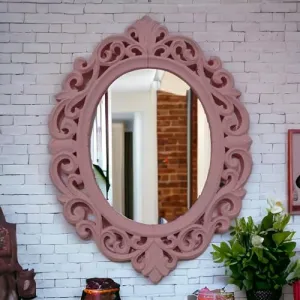 Taksha Decors Wooden Frame Mirror | Wooden Mirror | Living Room Mirror | Bathroom Mirror | Wooden Frame | Antique Mirror | 16 inches