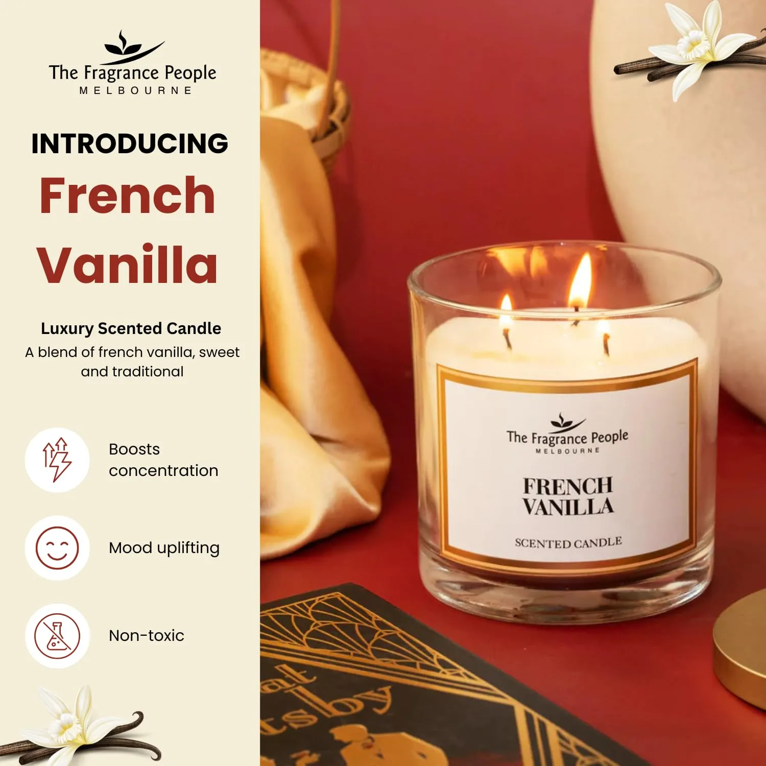 The Fragrance People Luxury 3-Wick Scented Vanilla Candle Wax Organic Fragrance of Vanilla Candles Premium Glass Jar with Cotton Wick Essential Aroma Oils for Home Decor & Luxury Gift: up to 40 Hours