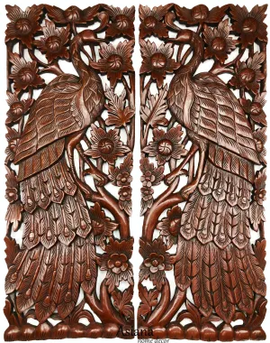 Tropical Home Decor. Carved Wood Wall Panels. Home Decor Wall Art Animals Peacock Wall Decor. Wall Hangings. Wood Carved Decorative Wall Plaque. 35.5"x13.5", Set of 2 Dark Brown