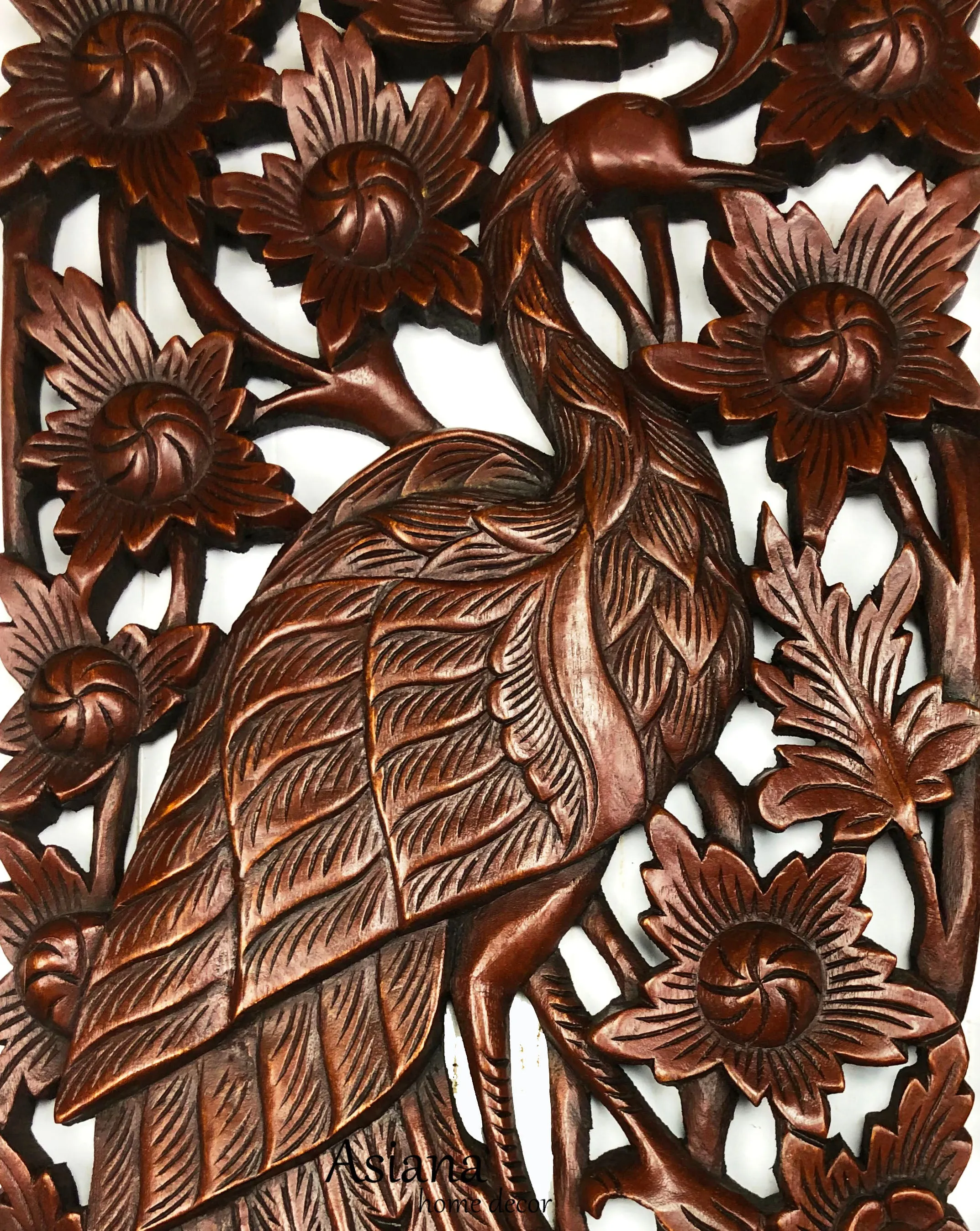 Tropical Home Decor. Carved Wood Wall Panels. Home Decor Wall Art Animals Peacock Wall Decor. Wall Hangings. Wood Carved Decorative Wall Plaque. 35.5"x13.5", Set of 2 Dark Brown