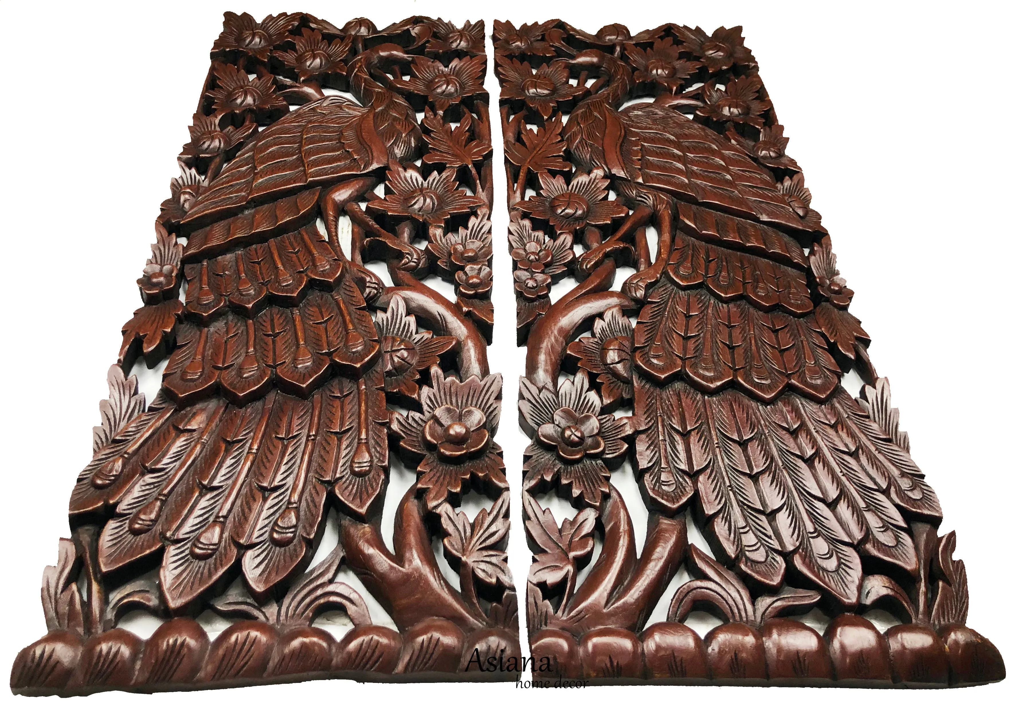 Tropical Home Decor. Carved Wood Wall Panels. Home Decor Wall Art Animals Peacock Wall Decor. Wall Hangings. Wood Carved Decorative Wall Plaque. 35.5"x13.5", Set of 2 Dark Brown