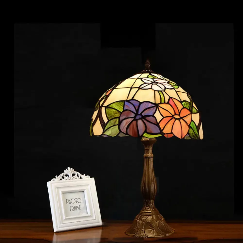 Victoria - Tiffany Tiffany Dome Shade Table Light 1-Bulb Stained Art Glass Night Lighting in Bronze with Bloom Pattern