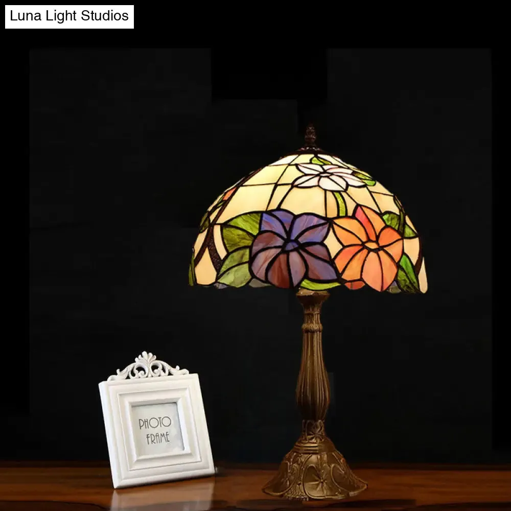 Victoria - Tiffany Tiffany Dome Shade Table Light 1-Bulb Stained Art Glass Night Lighting in Bronze with Bloom Pattern