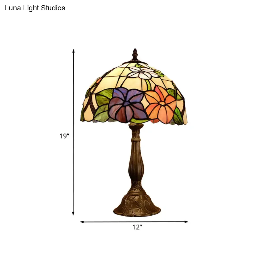 Victoria - Tiffany Tiffany Dome Shade Table Light 1-Bulb Stained Art Glass Night Lighting in Bronze with Bloom Pattern