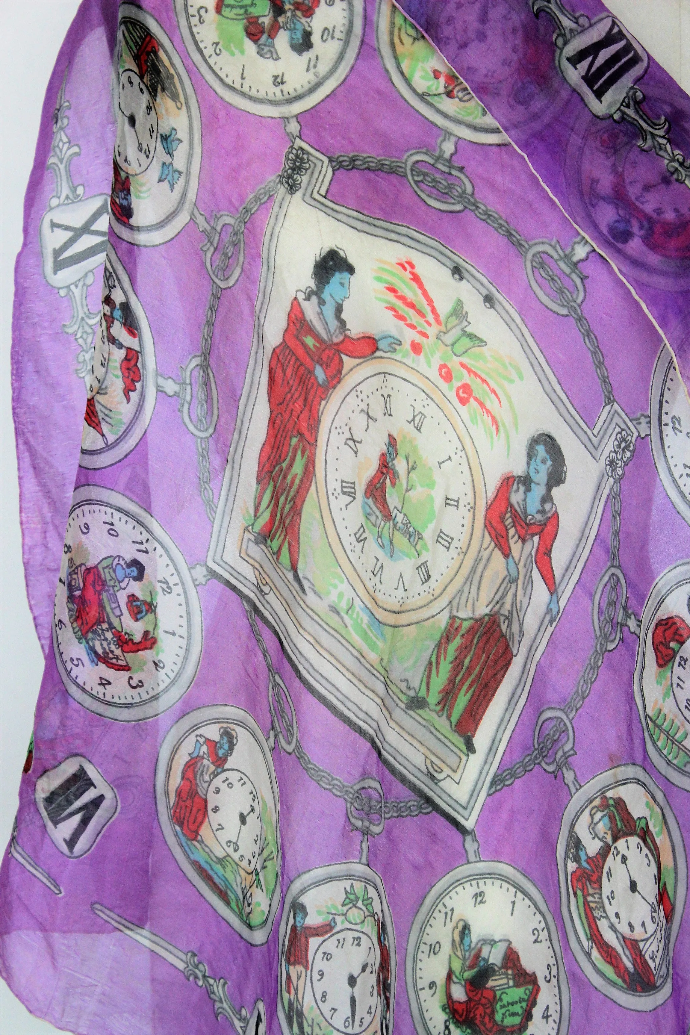 Vintage 1940s Novelty Print Collectible Scarf with Clocks