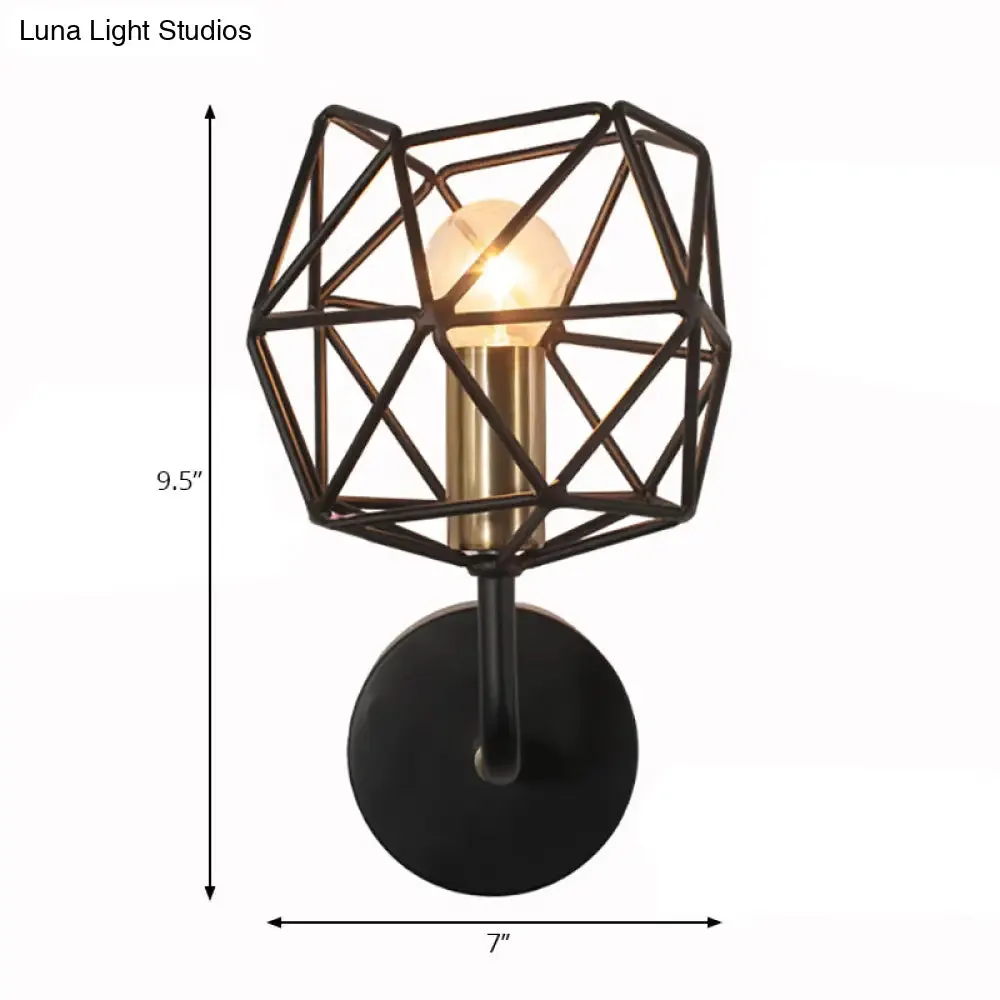 Vintage Retro Metal Polyhedron Wall Sconce: Black Globe Light for Bedroom