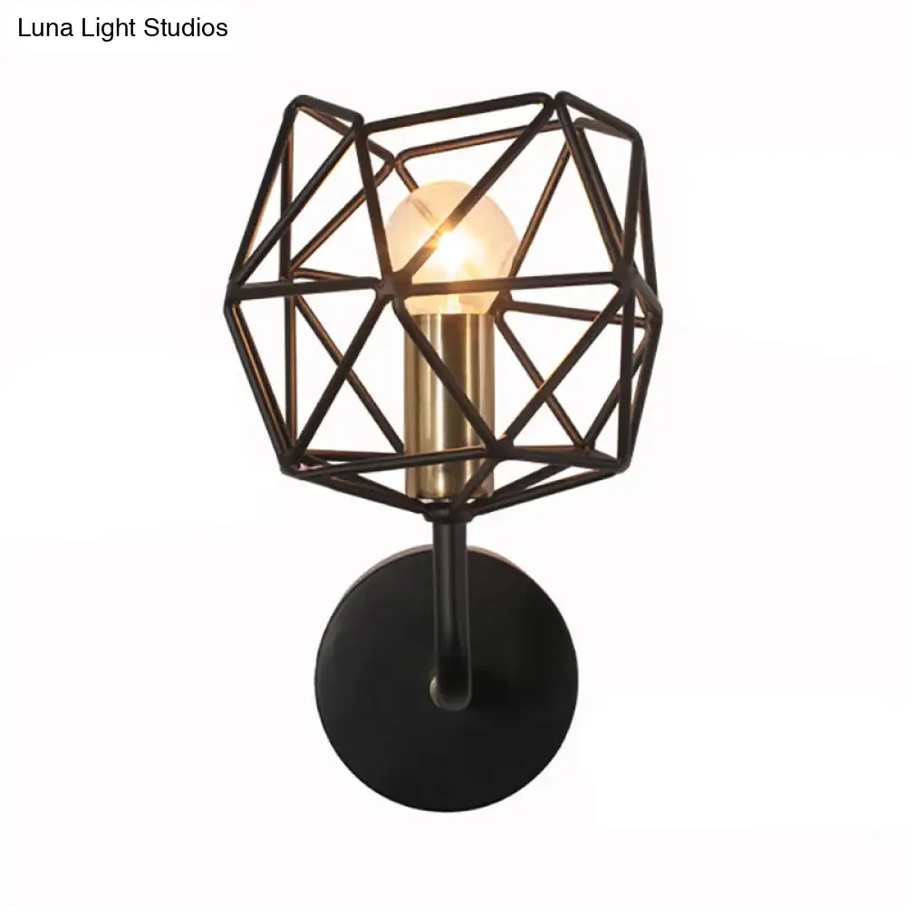 Vintage Retro Metal Polyhedron Wall Sconce: Black Globe Light for Bedroom