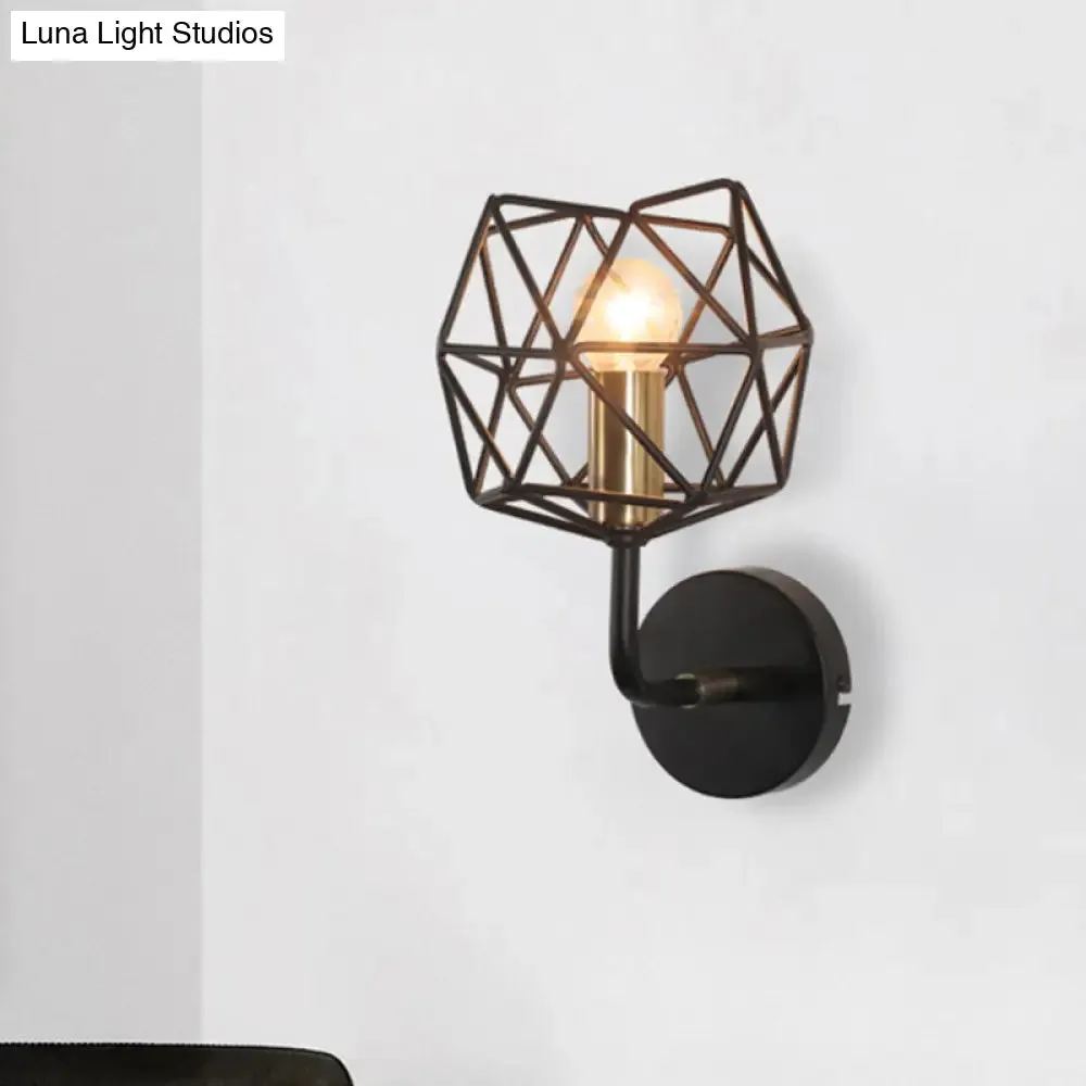 Vintage Retro Metal Polyhedron Wall Sconce: Black Globe Light for Bedroom